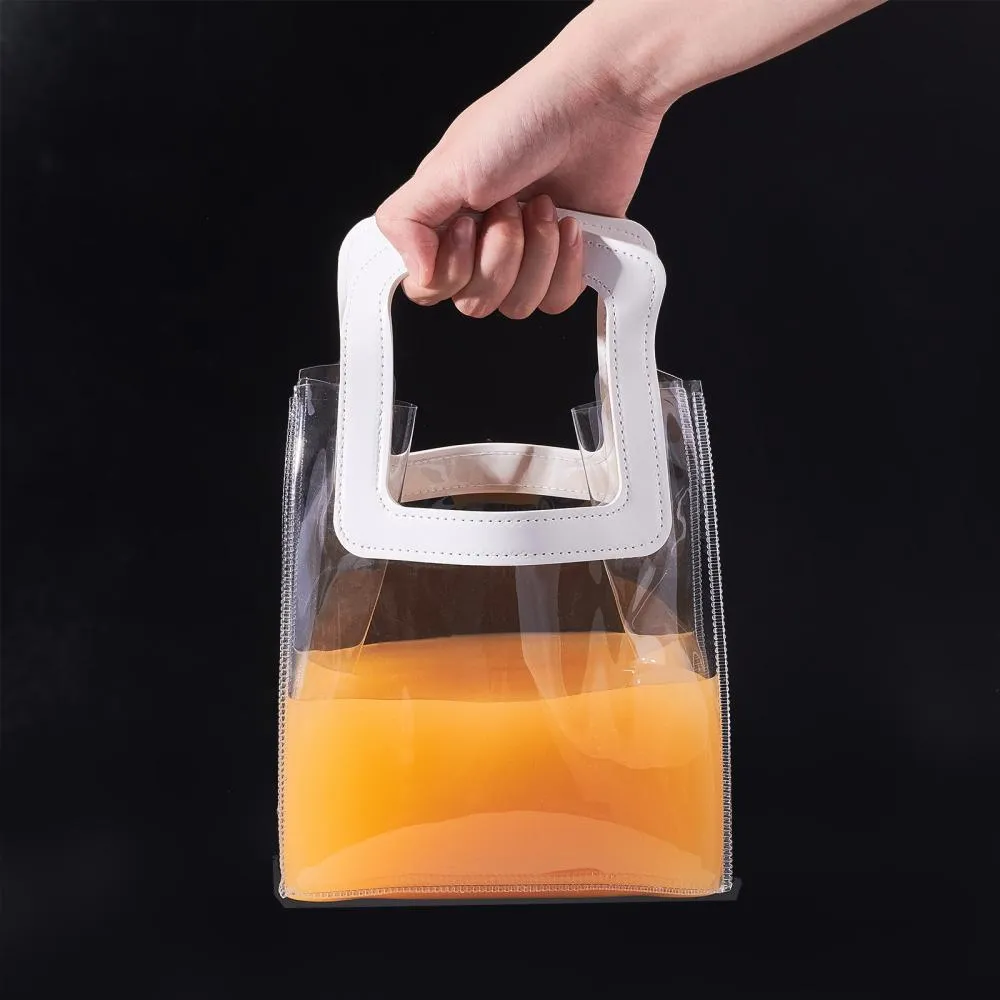 1 Set PVC Laser Transparent Bag, Tote Bag, with PU Leather Handles, for Gift or Present Packaging, Rectangle, White, Finished Product: 25.5x18x10cm, 2pcs/set