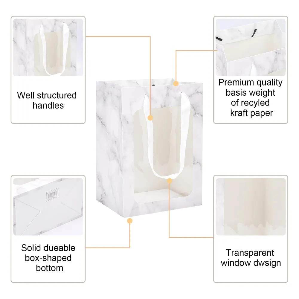 10 pc Flower Bouquet Paper Gift Bags, Portable Kraft Paper Tote Shopping Bag, with PVC Transparent Window and Handles, Party Gift Wrapping Bags, Rectangle with Marble Pattern, WhiteSmoke, 18x13x25cm