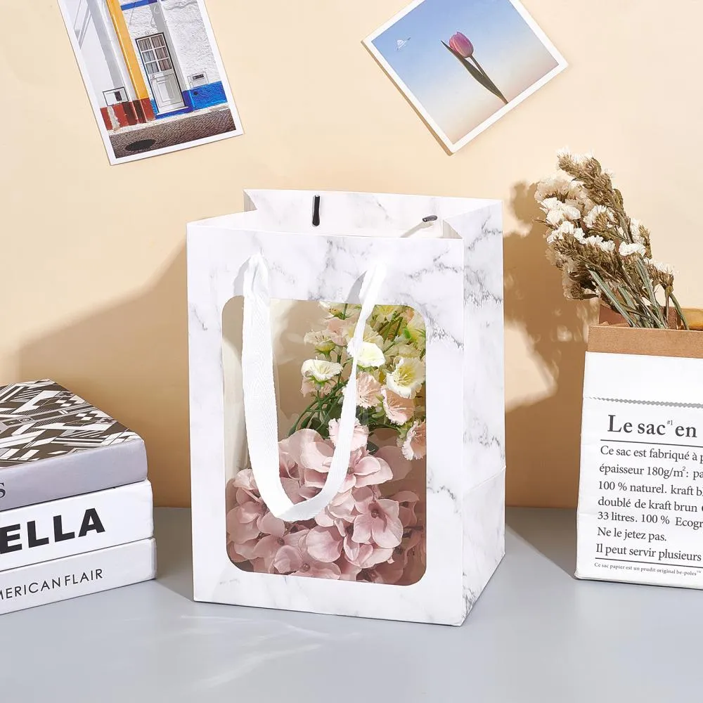 10 pc Flower Bouquet Paper Gift Bags, Portable Kraft Paper Tote Shopping Bag, with PVC Transparent Window and Handles, Party Gift Wrapping Bags, Rectangle with Marble Pattern, WhiteSmoke, 18x13x25cm