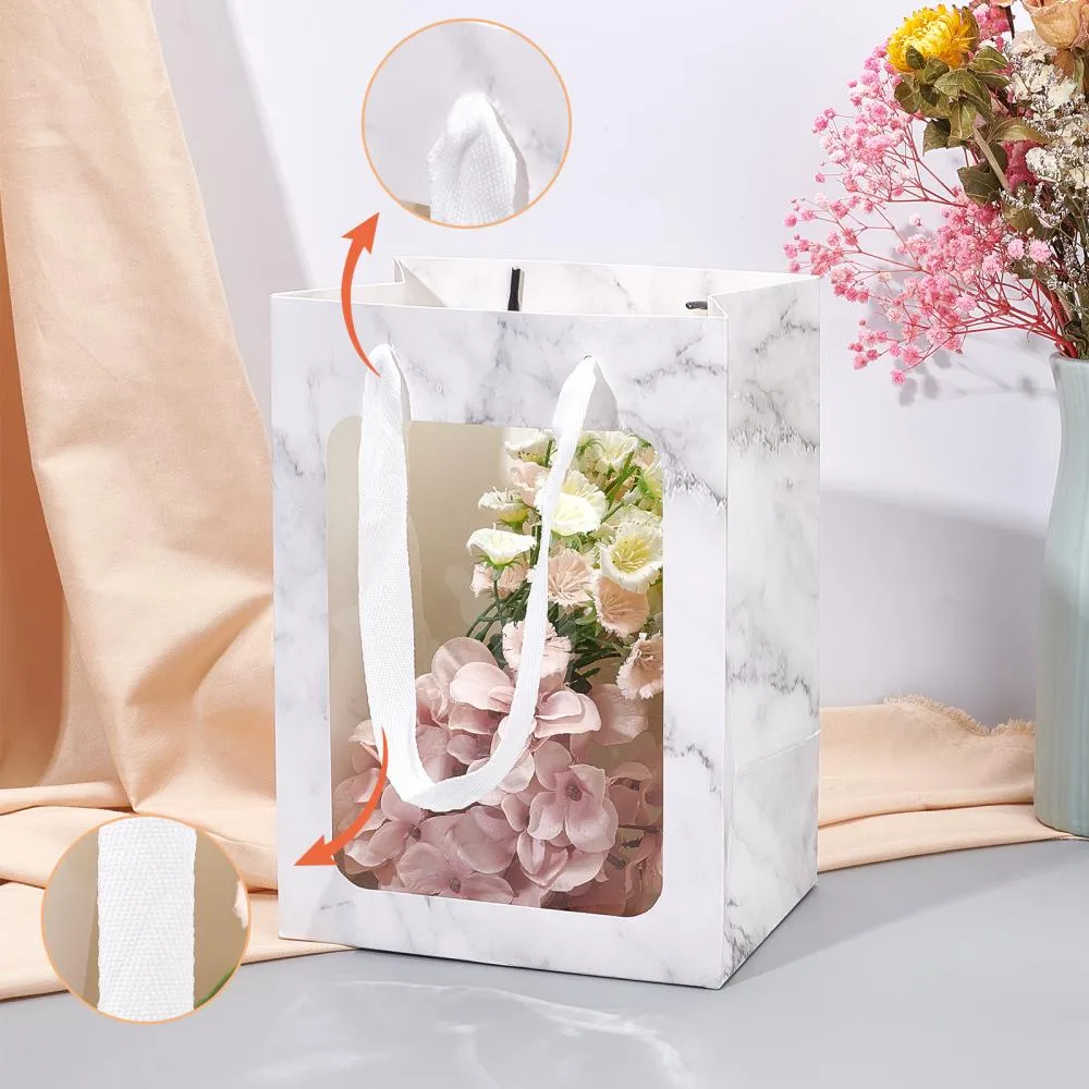 10 pc Flower Bouquet Paper Gift Bags, Portable Kraft Paper Tote Shopping Bag, with PVC Transparent Window and Handles, Party Gift Wrapping Bags, Rectangle with Marble Pattern, WhiteSmoke, 18x13x25cm