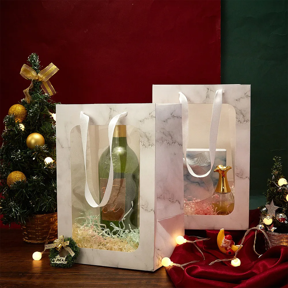 10 pc Marble Gift Bags Tote Paper Bags with Transparent Window, 10pcs White Kraft Paper Bags Flower Bouquet Paper Gift Bags for Party Gift Wrapping Valentine, 16x30x20cm/6.3x11.8x7.8inch
