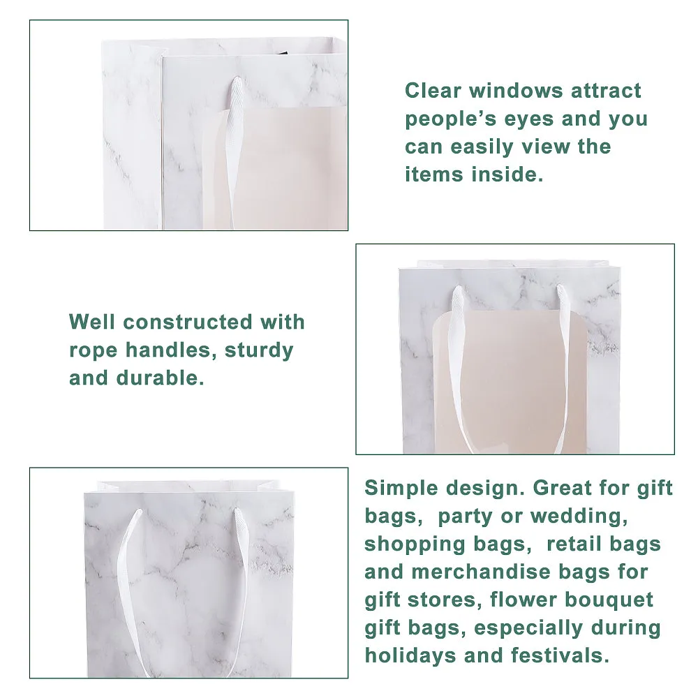 10 pc Marble Gift Bags Tote Paper Bags with Transparent Window, 10pcs White Kraft Paper Bags Flower Bouquet Paper Gift Bags for Party Gift Wrapping Valentine, 16x30x20cm/6.3x11.8x7.8inch