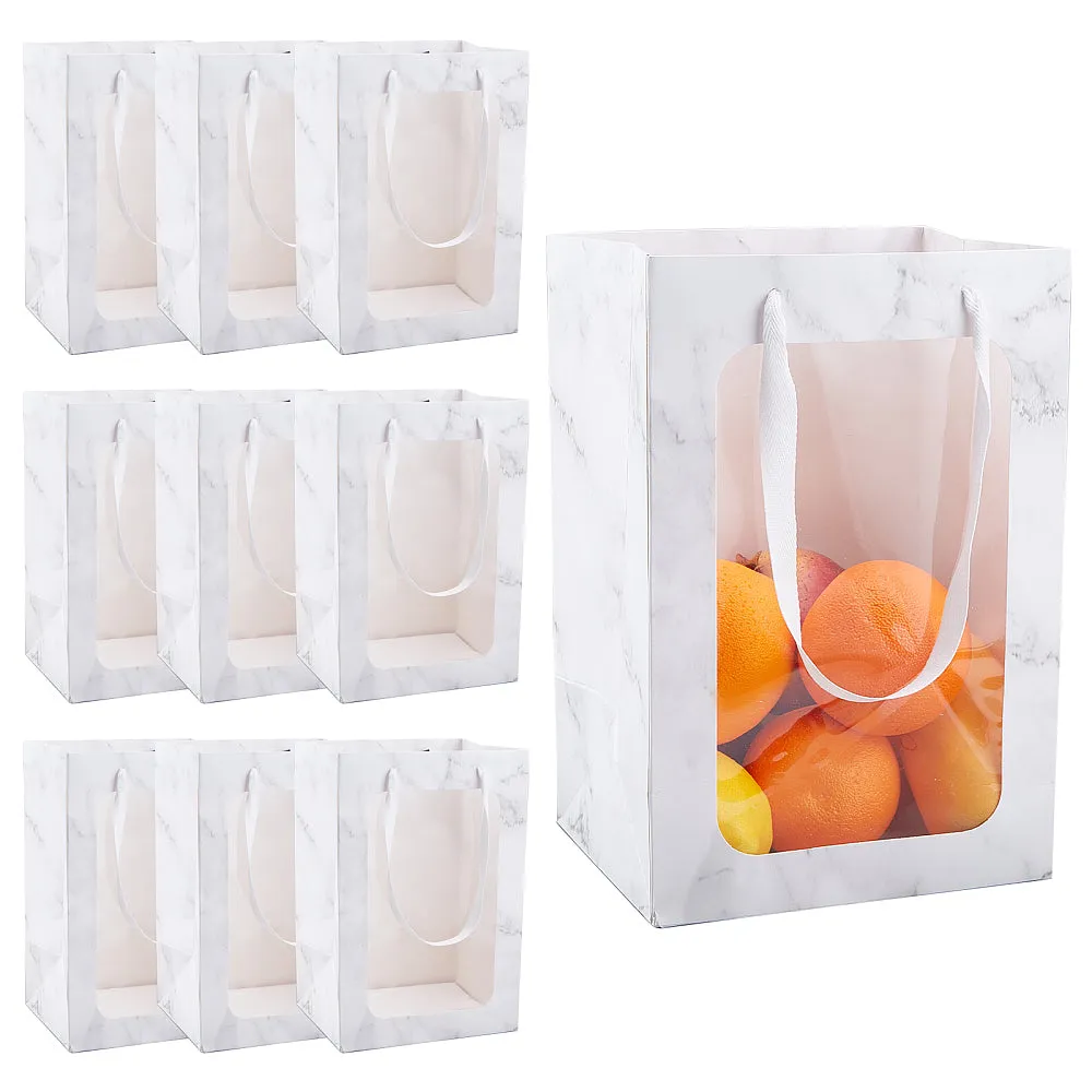 10 pc Marble Gift Bags Tote Paper Bags with Transparent Window, 10pcs White Kraft Paper Bags Flower Bouquet Paper Gift Bags for Party Gift Wrapping Valentine, 16x30x20cm/6.3x11.8x7.8inch
