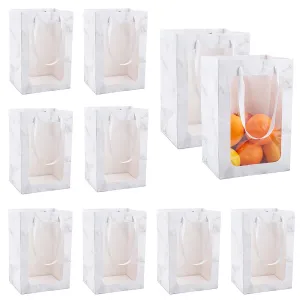 10 pc Marble Gift Bags Tote Paper Bags with Transparent Window, 10pcs White Kraft Paper Bags Flower Bouquet Paper Gift Bags for Party Gift Wrapping Valentine, 16x30x20cm/6.3x11.8x7.8inch