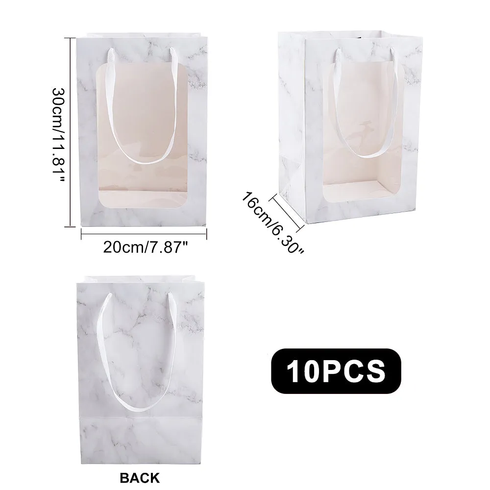 10 pc Marble Gift Bags Tote Paper Bags with Transparent Window, 10pcs White Kraft Paper Bags Flower Bouquet Paper Gift Bags for Party Gift Wrapping Valentine, 16x30x20cm/6.3x11.8x7.8inch