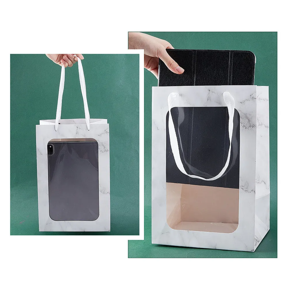 10 pc Marble Gift Bags Tote Paper Bags with Transparent Window, 10pcs White Kraft Paper Bags Flower Bouquet Paper Gift Bags for Party Gift Wrapping Valentine, 16x30x20cm/6.3x11.8x7.8inch