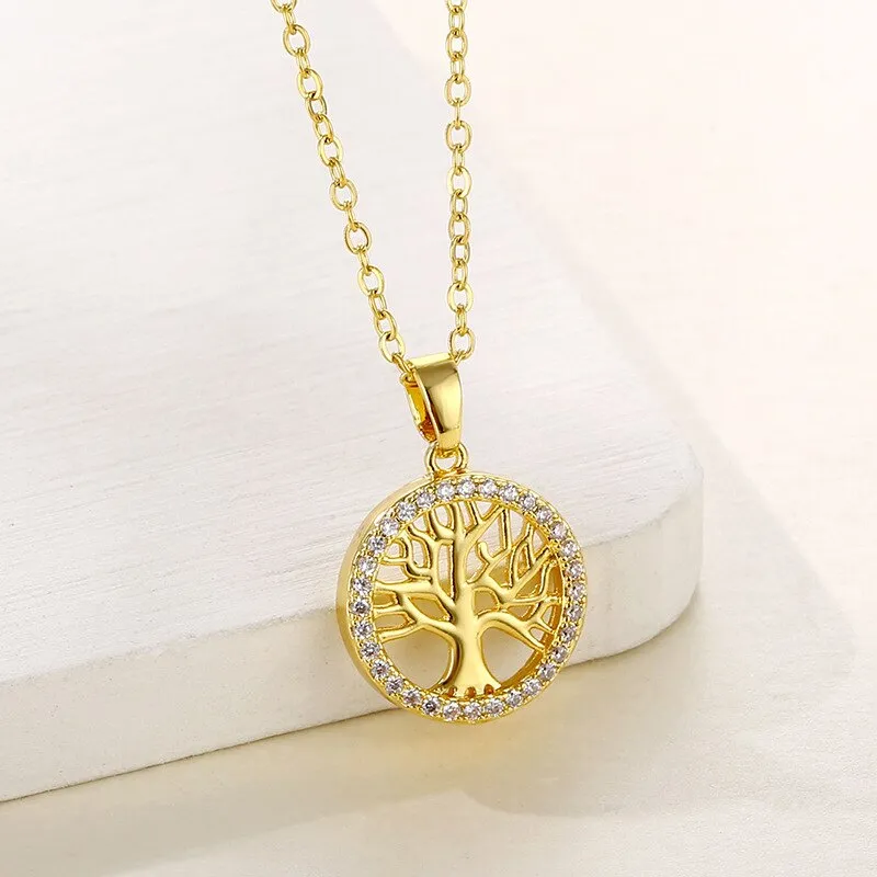16L Stainless Steel Necklace Popular Round Hollow Life Tree Pendant Neckalace