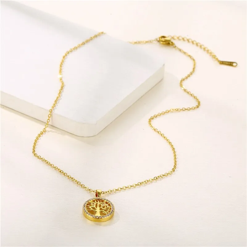 16L Stainless Steel Necklace Popular Round Hollow Life Tree Pendant Neckalace