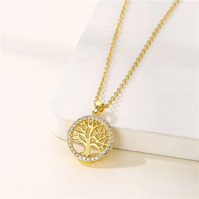 16L Stainless Steel Necklace Popular Round Hollow Life Tree Pendant Neckalace