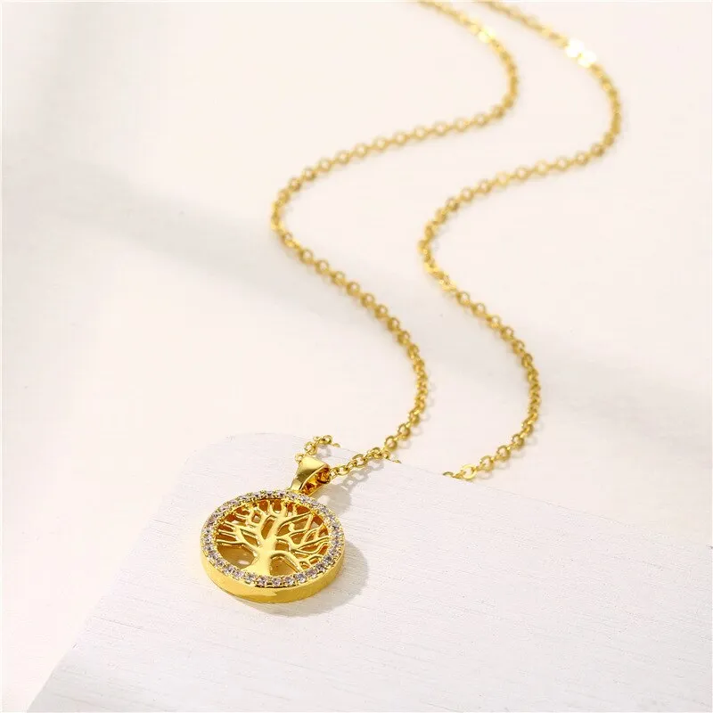 16L Stainless Steel Necklace Popular Round Hollow Life Tree Pendant Neckalace