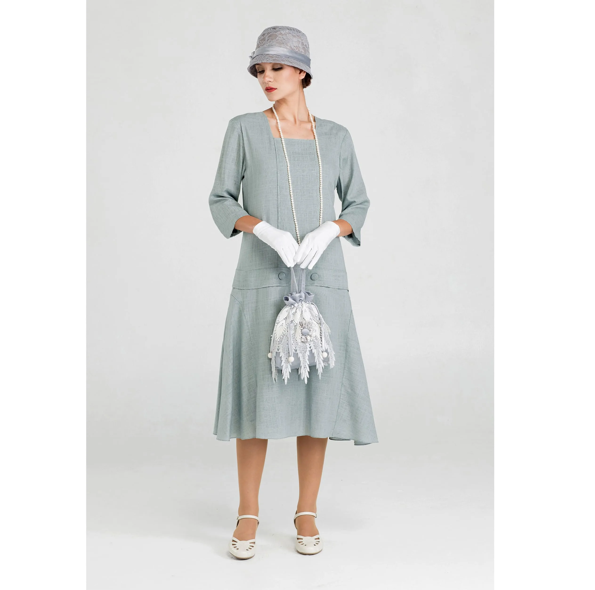 1920s inspired drawstring wristlet in silver satin and grey lace