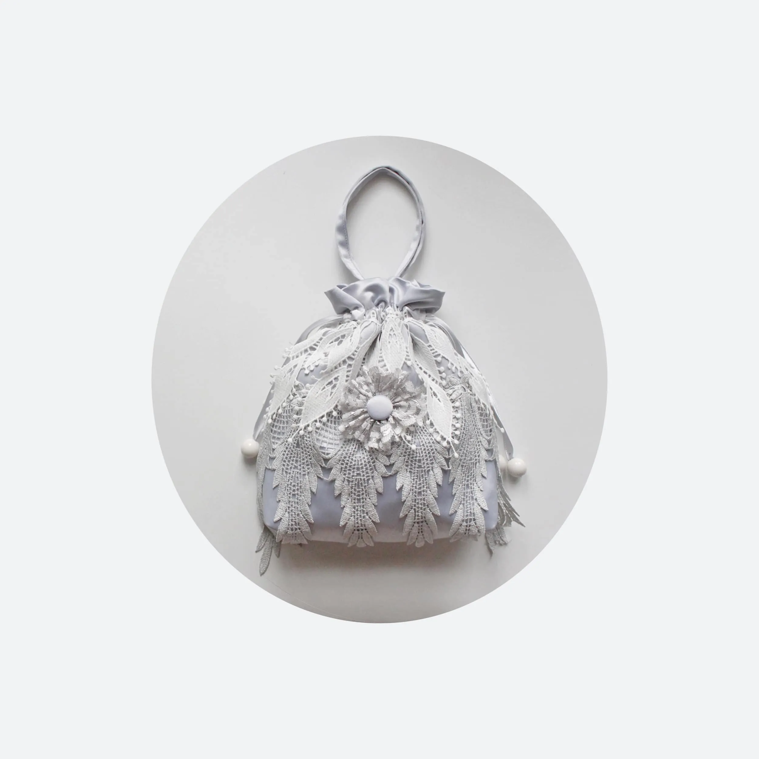 1920s inspired drawstring wristlet in silver satin and grey lace