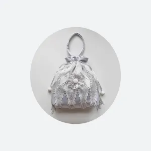 1920s inspired drawstring wristlet in silver satin and grey lace