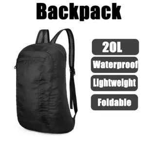 20L Black Waterproof Lightweight Backpack | Portable Foldable | Travel Outdoor