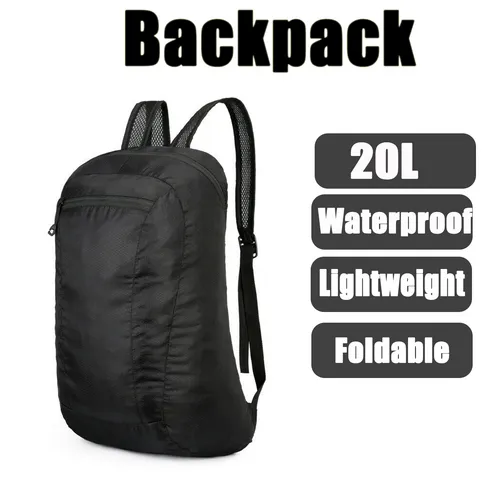 20L Black Waterproof Lightweight Backpack | Portable Foldable | Travel Outdoor