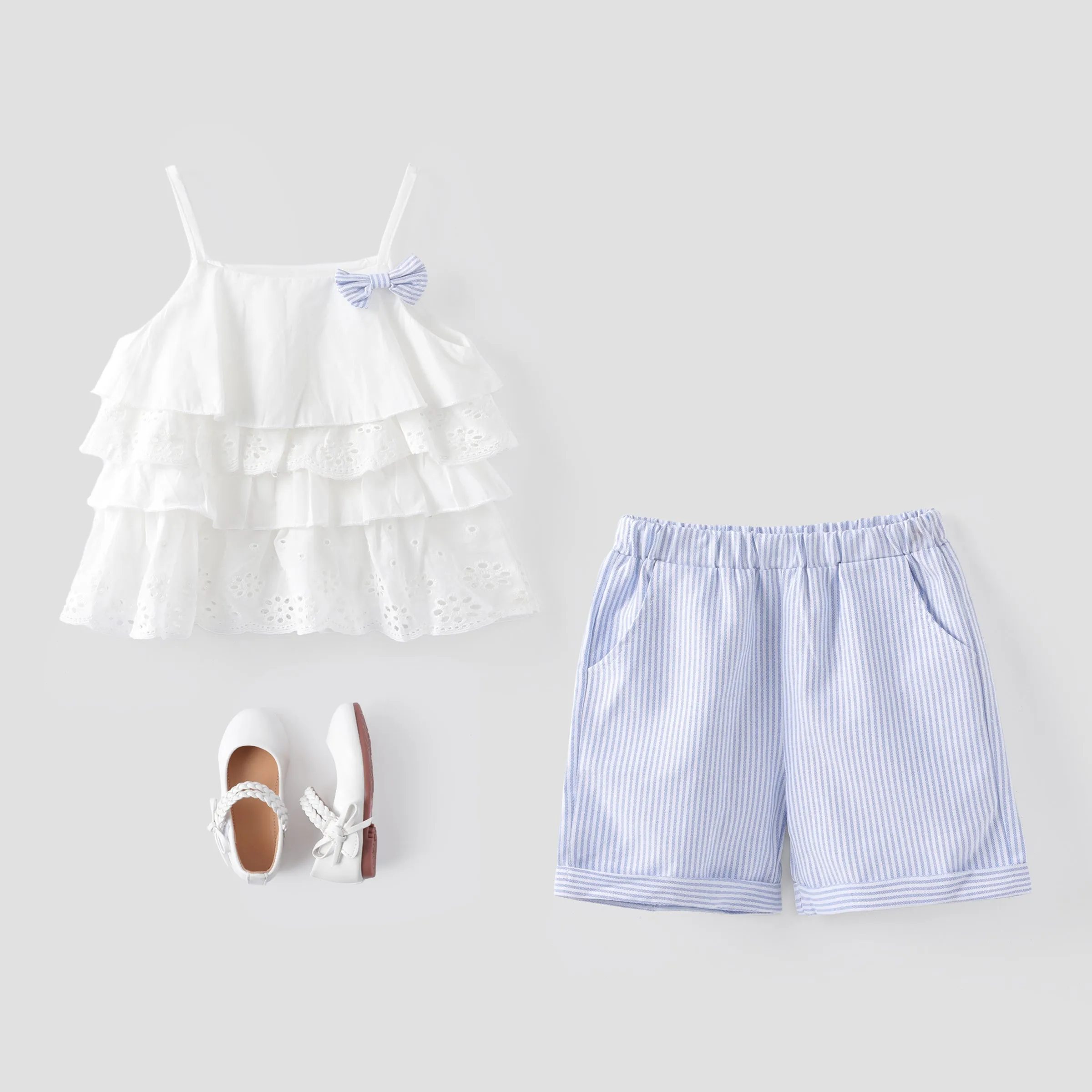 2pcs Toddler Girl Sweet 100% Cotton Bowknot Design Layered Camisole and Stripe Shorts Set