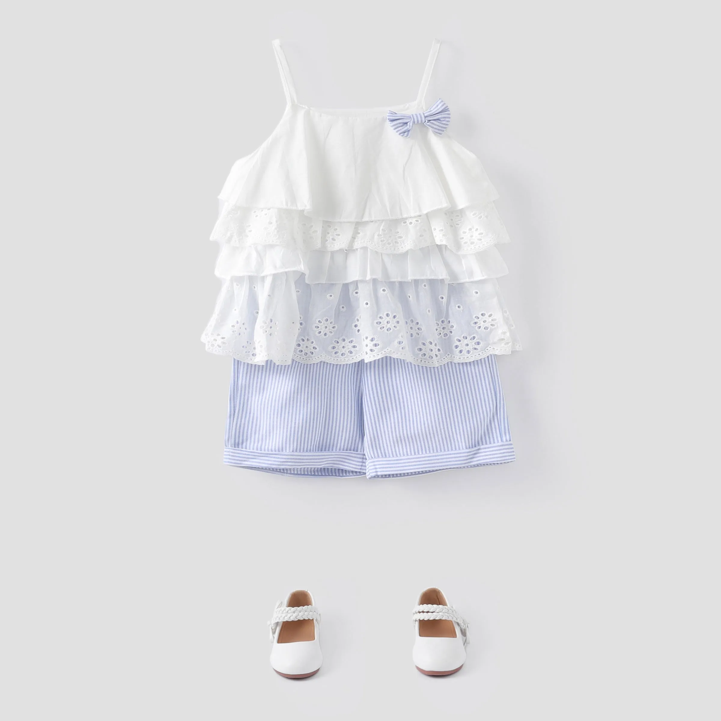 2pcs Toddler Girl Sweet 100% Cotton Bowknot Design Layered Camisole and Stripe Shorts Set