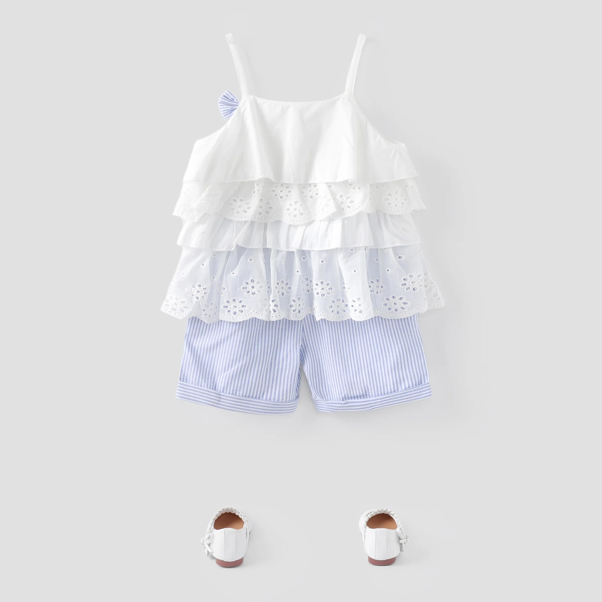 2pcs Toddler Girl Sweet 100% Cotton Bowknot Design Layered Camisole and Stripe Shorts Set