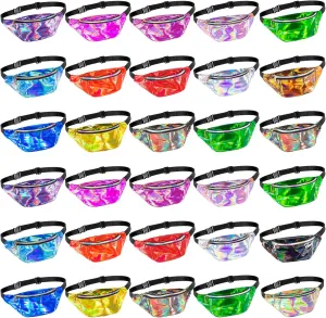 30 Pcs Holographic Fanny Bag Neon 80s Party Waist Pack Reflective Laser Belt Bag Metallic Color Hip Bag with Adjustable Belt for Men Women 80s Rave Festival Concert Outdoor Activities, 17 Colors