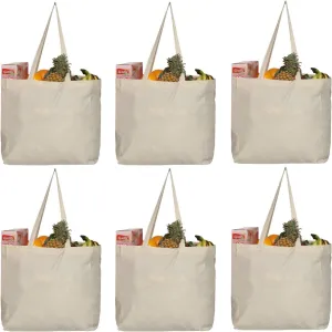 6 Canvas Grocery Bag Large Blank Tote Bags, Reusable Canvas Shopping Bag with Long Handle White Washable Foldable Plain Natural Heavy Duty Totes Bags Bulk for Kitchen, 14 x 14 x 7.9 Inch
