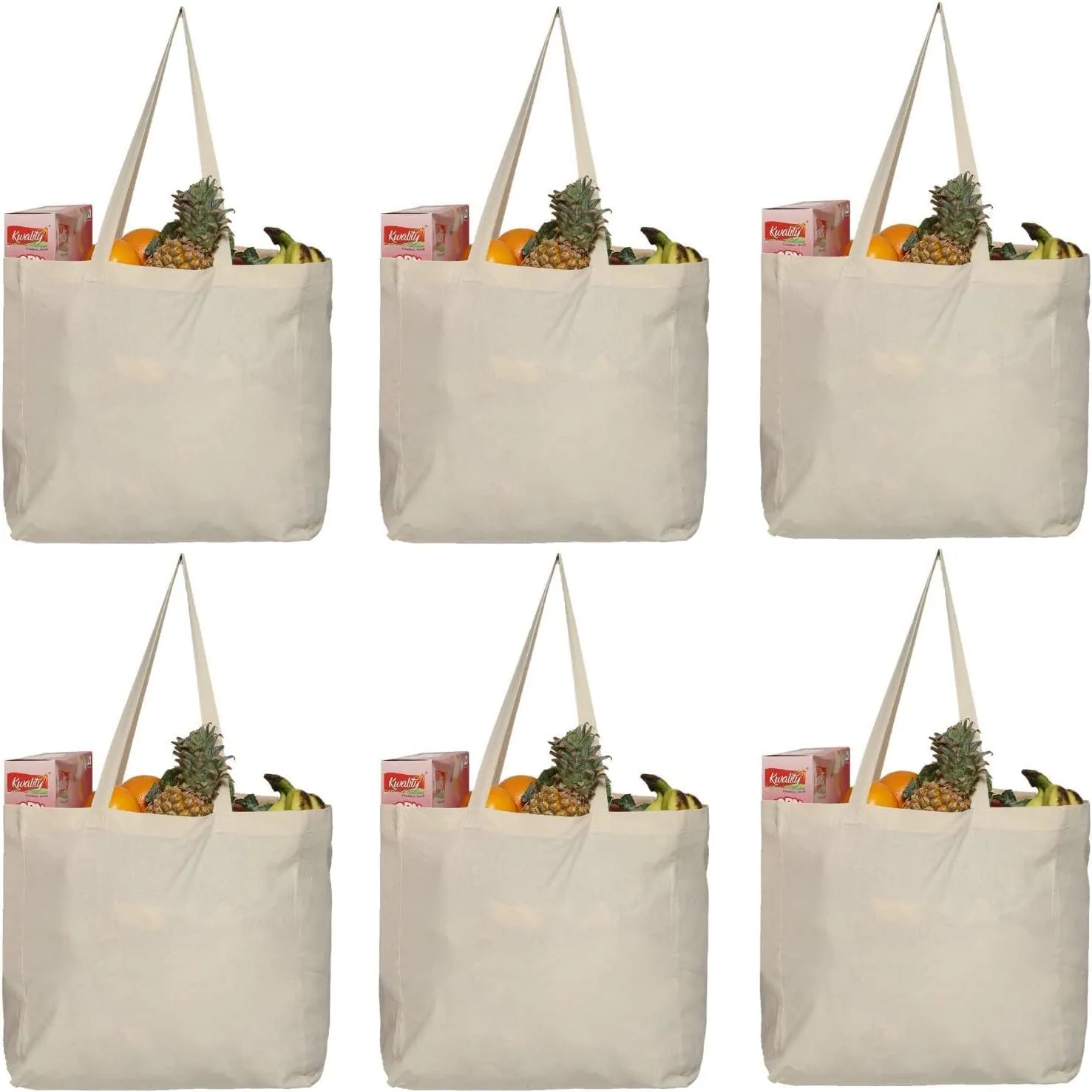 6 Canvas Grocery Bag Large Blank Tote Bags, Reusable Canvas Shopping Bag with Long Handle White Washable Foldable Plain Natural Heavy Duty Totes Bags Bulk for Kitchen, 14 x 14 x 7.9 Inch