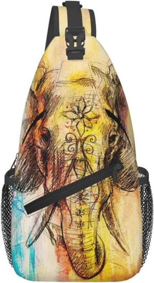 Abstract Watercolor Elephant With Floral Sling Backpack Casual Crossbody Shoulder Bag Travel Hiking Daypack Unisex Chest Bags For Women Men Outdoor Sport