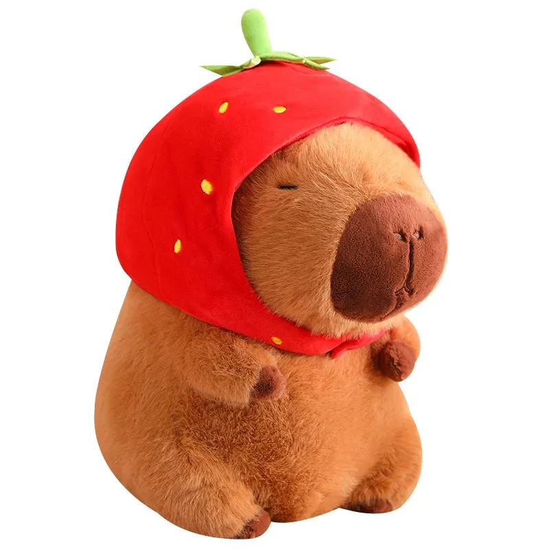 Adorable Capybara Plush Toy with Strawberry Hat & Turtle Backpack