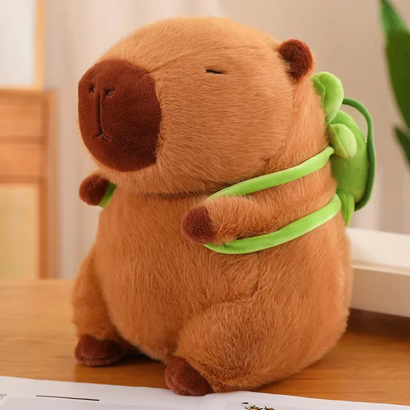 Adorable Capybara Plush Toy with Strawberry Hat & Turtle Backpack