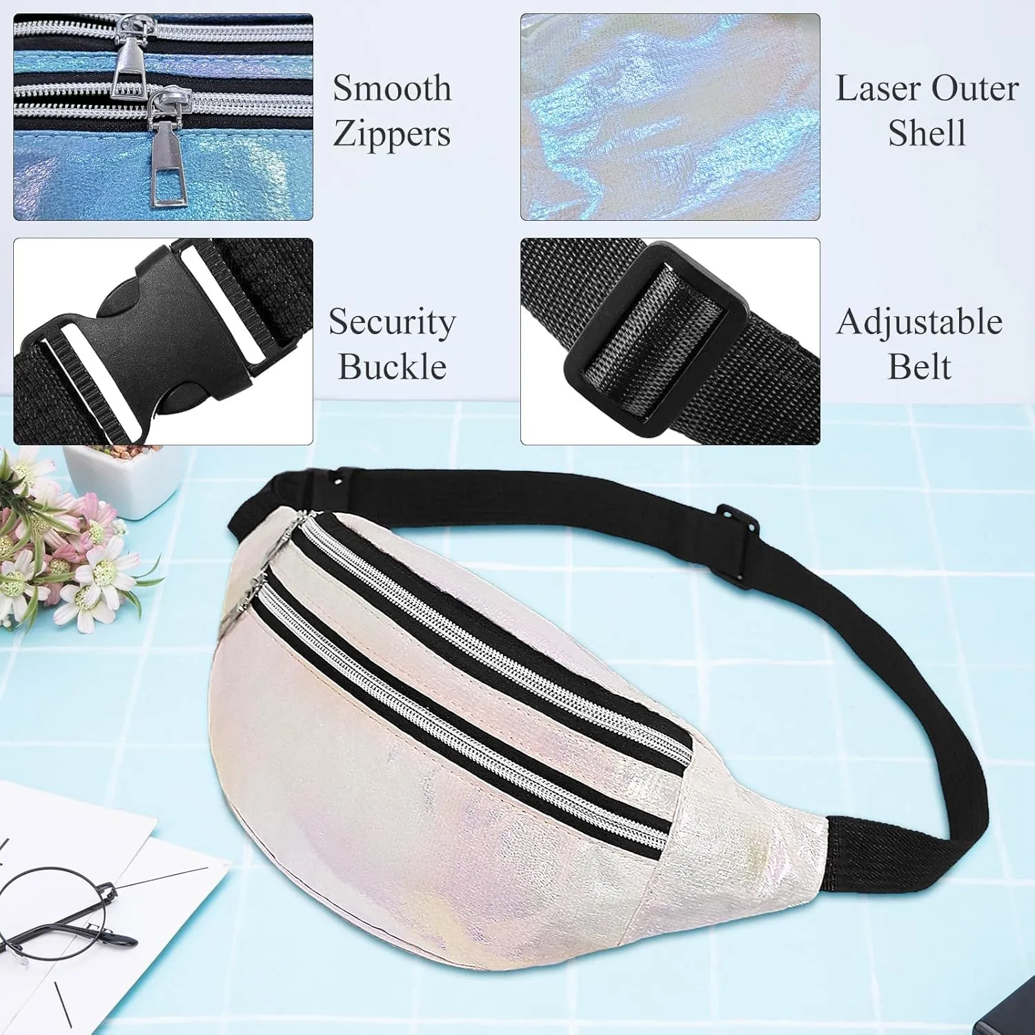 AfitLulu Holographic Bum Bag Women's Sports Belt Bag Men Waist Bags Women's Running Belt Mobile Phone Waterproof Fanny Pack with 2 Zip Pockets and Adjustable Strap for Outdoor Use