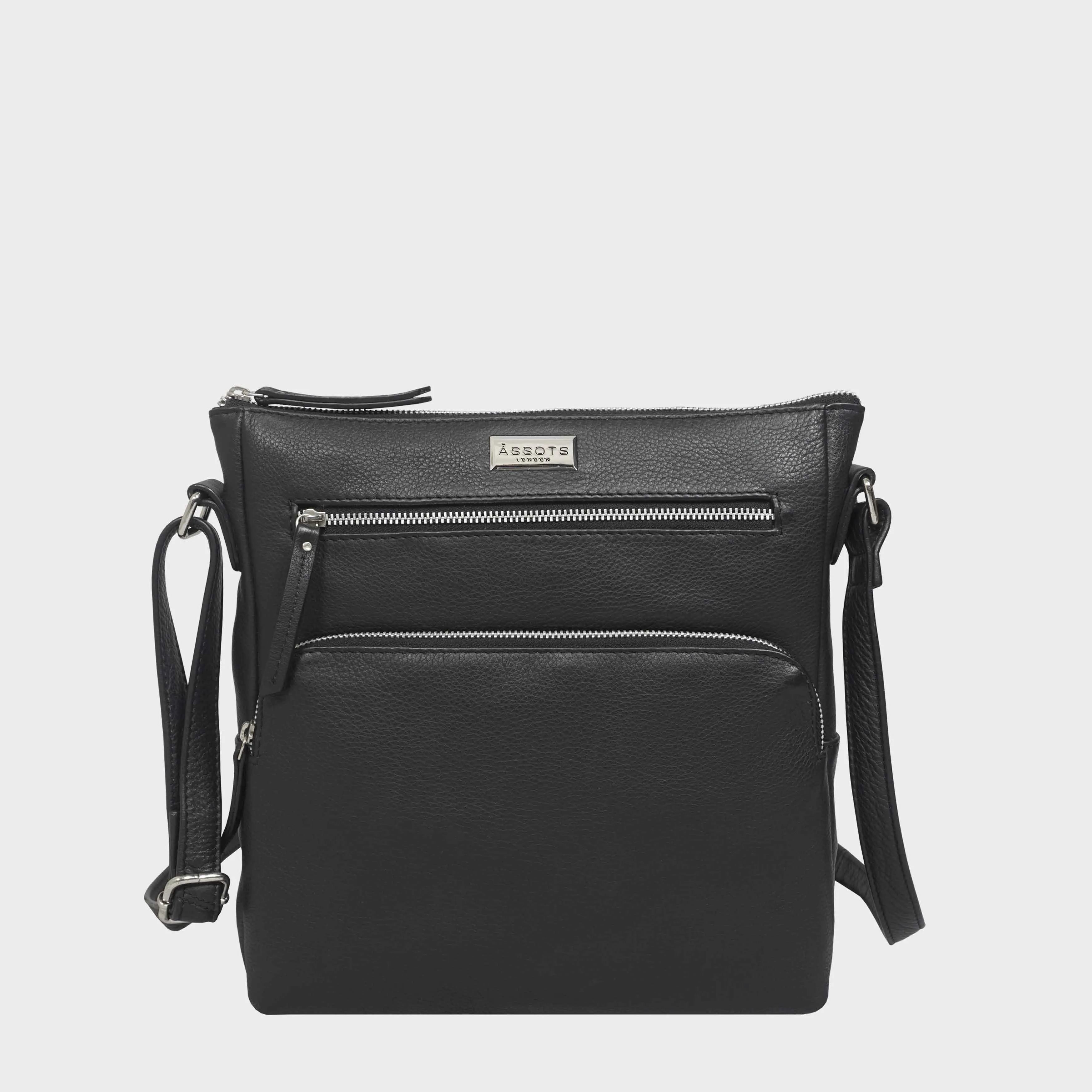 'AGATHA' Black Real Soft Pebble Grain Leather Crossbody Bag