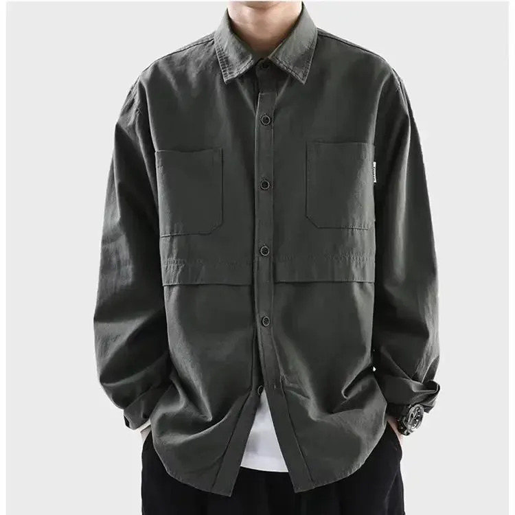 Aidase Japanese Style Long Sleeve Work Shirt Men's Casual Trendy Versatile Harajuku Loose-fit Vintage Shirt Jacket