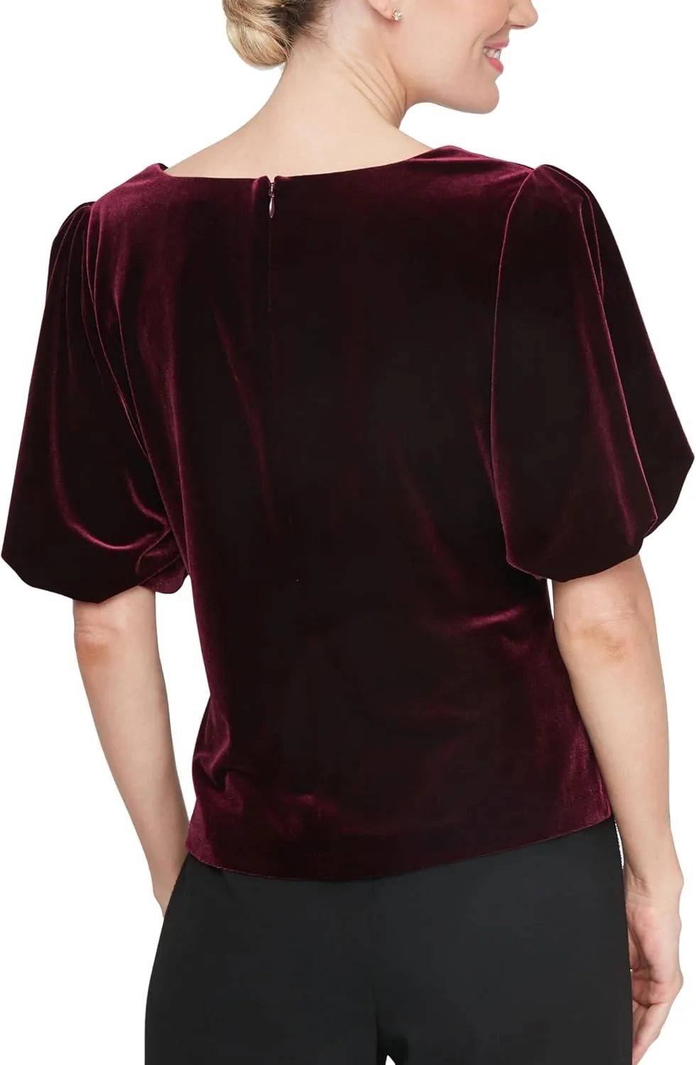 Alex Evenings Women's Velvet Square Neck Blouse with Puff Sleeve and Embellished Detail