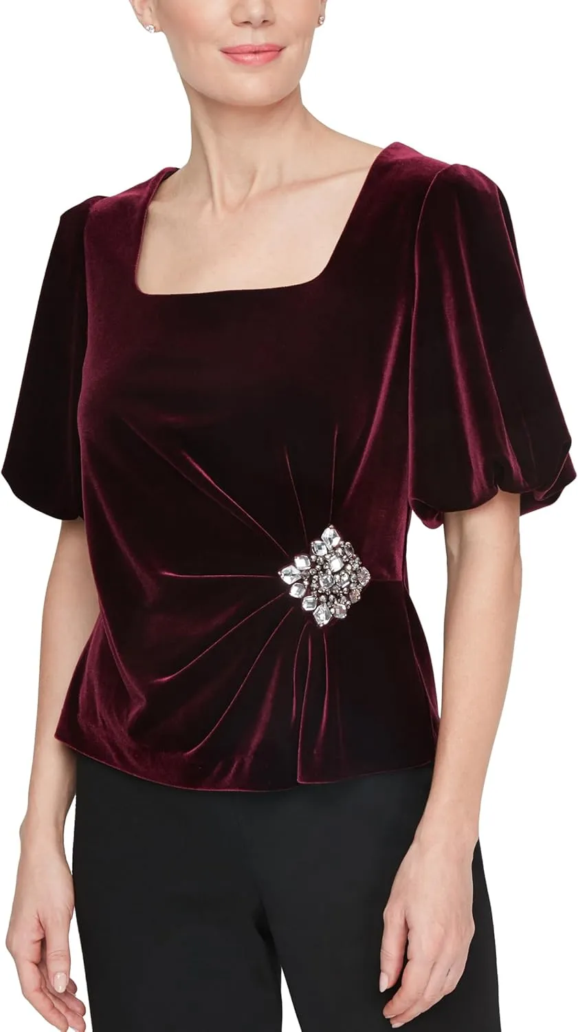 Alex Evenings Women's Velvet Square Neck Blouse with Puff Sleeve and Embellished Detail
