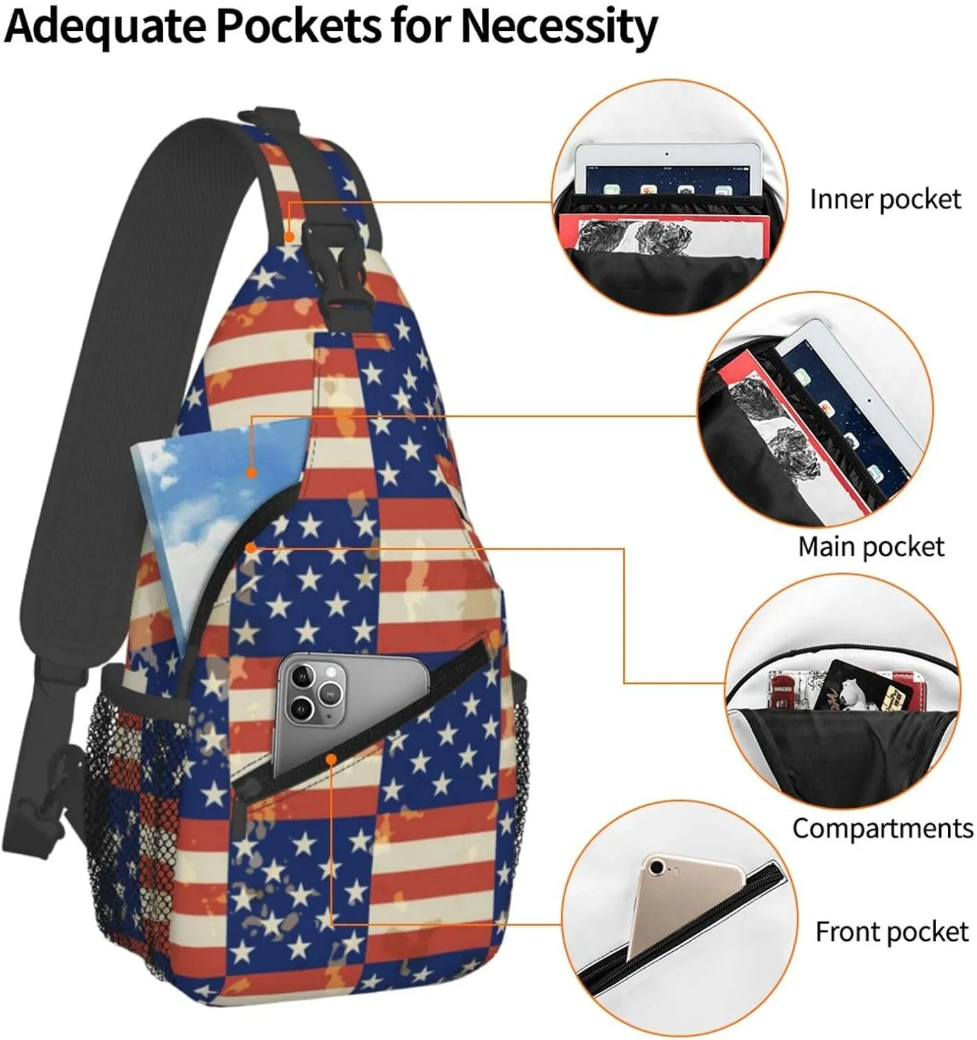 American Flag Stars Sling Bag Adjustable Chest Bags Casual Crossbody Bag Travel Shoulder Backpack