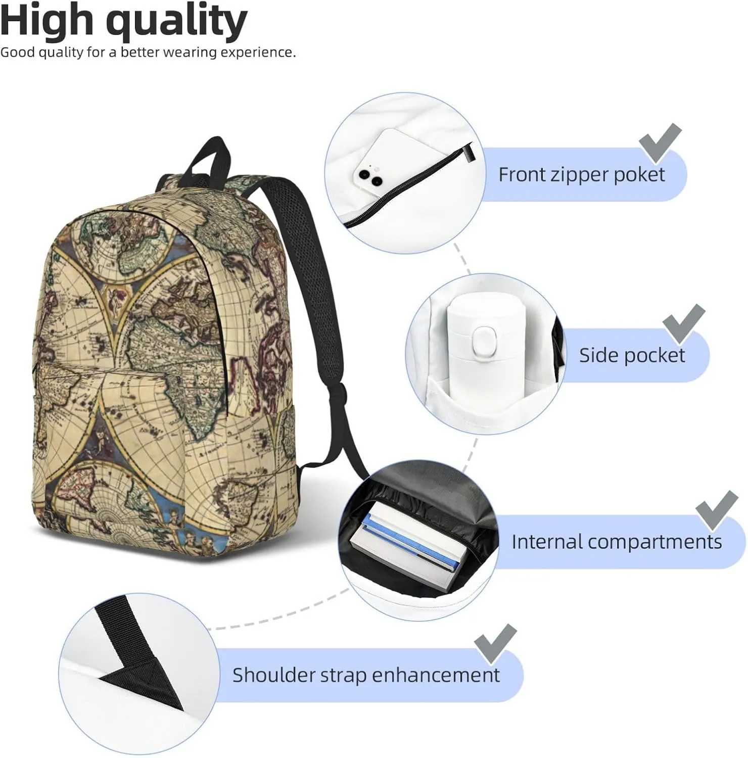 Ancient Map World Globe Print Canvas Backpack Women,Mens Travel Casual Daypack Bookbag For Laptop Work Travel Hiking
