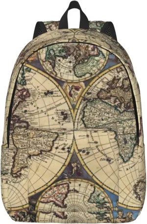 Ancient Map World Globe Print Canvas Backpack Women,Mens Travel Casual Daypack Bookbag For Laptop Work Travel Hiking