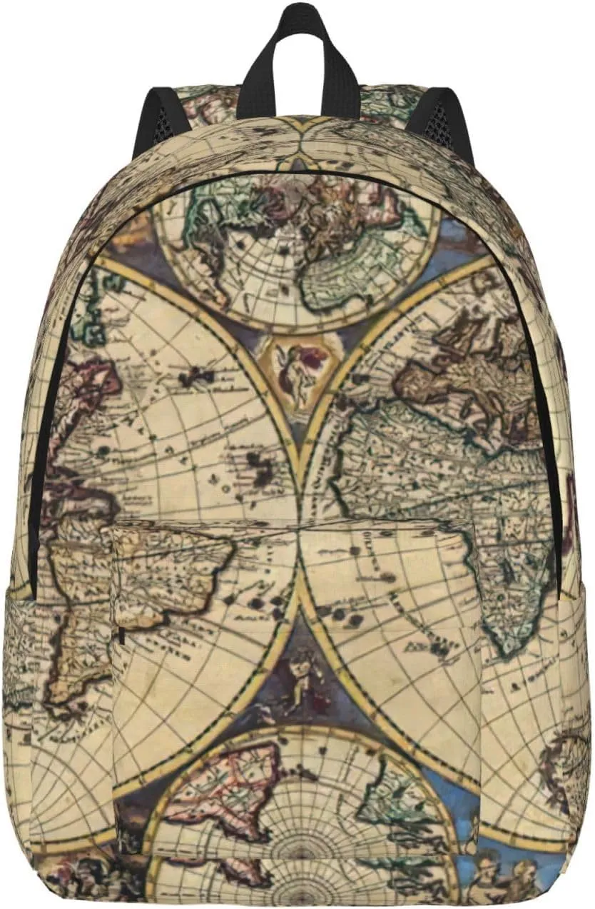 Ancient Map World Globe Print Canvas Backpack Women,Mens Travel Casual Daypack Bookbag For Laptop Work Travel Hiking
