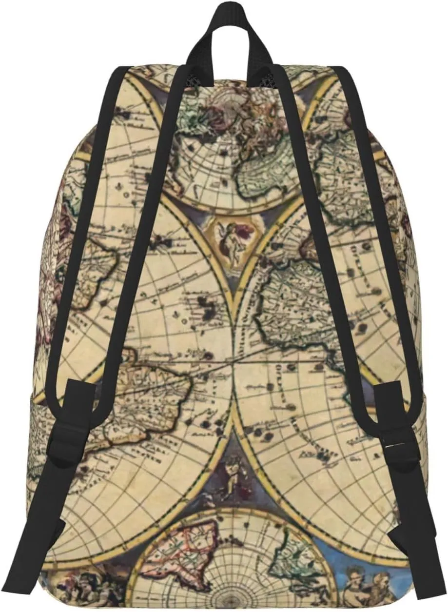 Ancient Map World Globe Print Canvas Backpack Women,Mens Travel Casual Daypack Bookbag For Laptop Work Travel Hiking