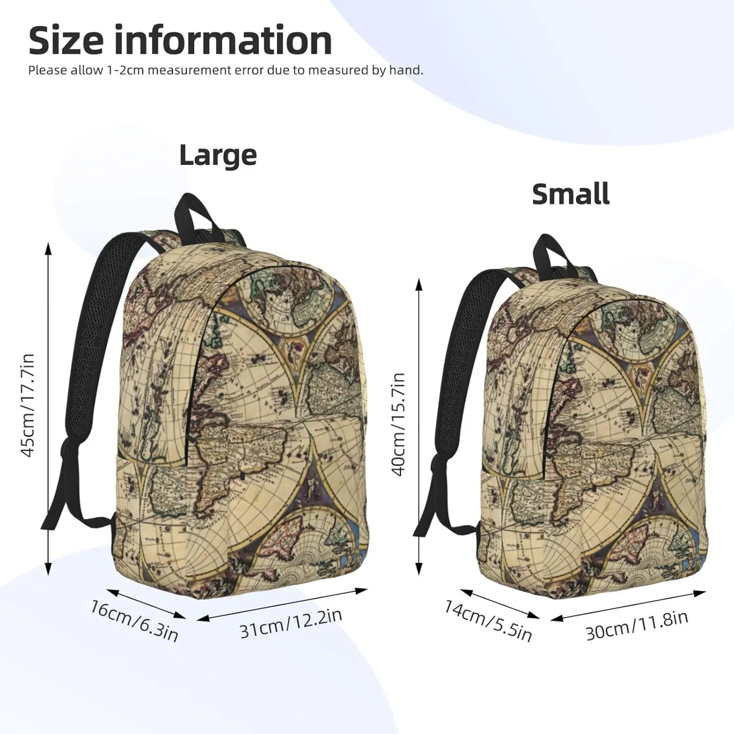 Ancient Map World Globe Print Canvas Backpack Women,Mens Travel Casual Daypack Bookbag For Laptop Work Travel Hiking