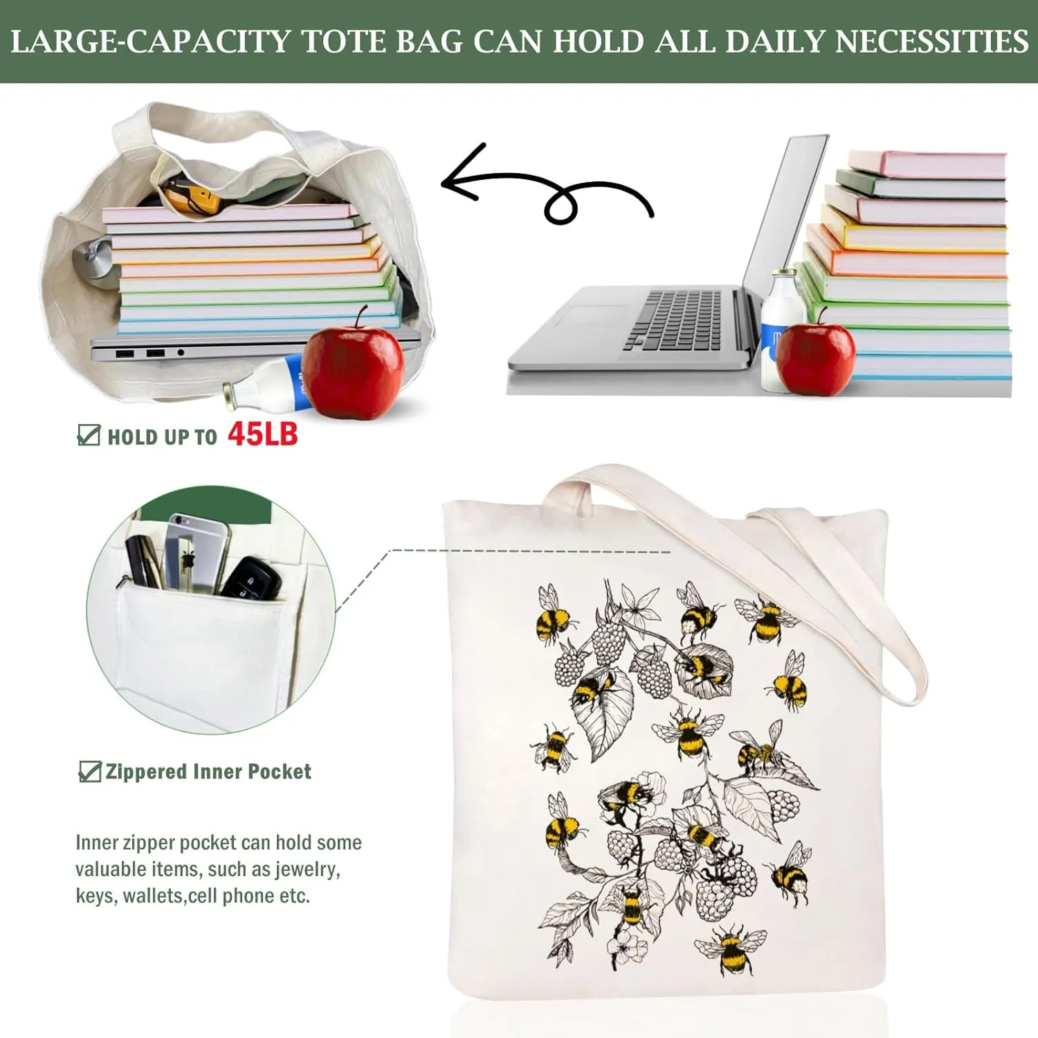 Andeiltech Canvas Aesthetic Tote Bag for Women with Inner Pocket Totes Shoulder Book Bag Shopping Reusable Grocery Bags