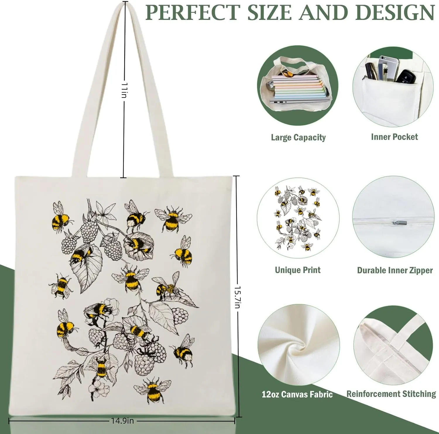 Andeiltech Canvas Aesthetic Tote Bag for Women with Inner Pocket Totes Shoulder Book Bag Shopping Reusable Grocery Bags