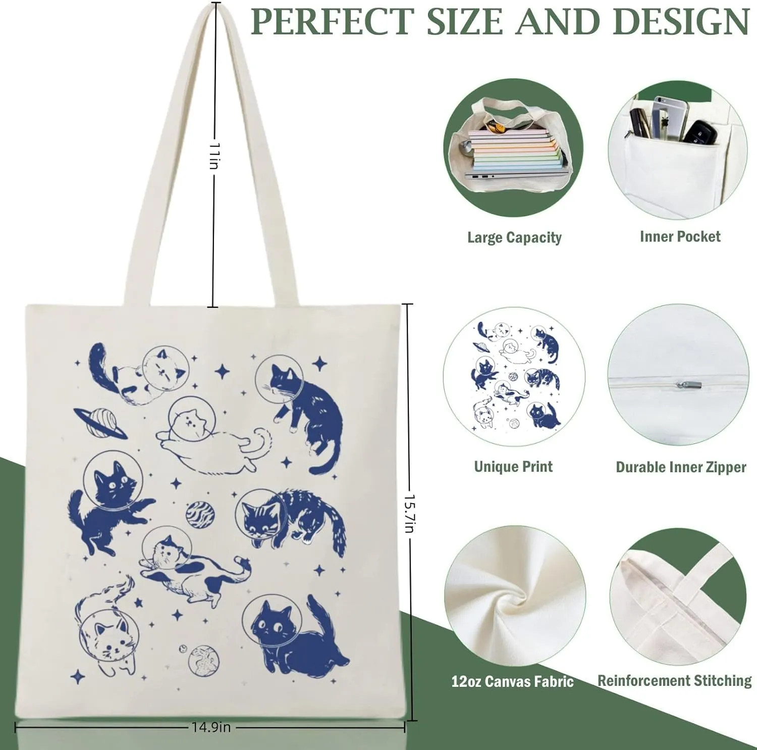 Andeiltech Canvas Aesthetic Tote Bag for Women with Inner Pocket Totes Shoulder Book Bag Shopping Reusable Grocery Bags