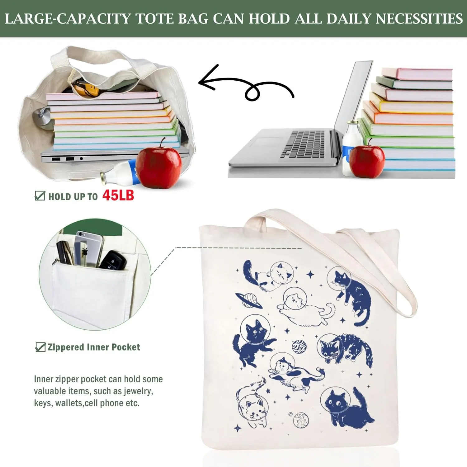 Andeiltech Canvas Aesthetic Tote Bag for Women with Inner Pocket Totes Shoulder Book Bag Shopping Reusable Grocery Bags