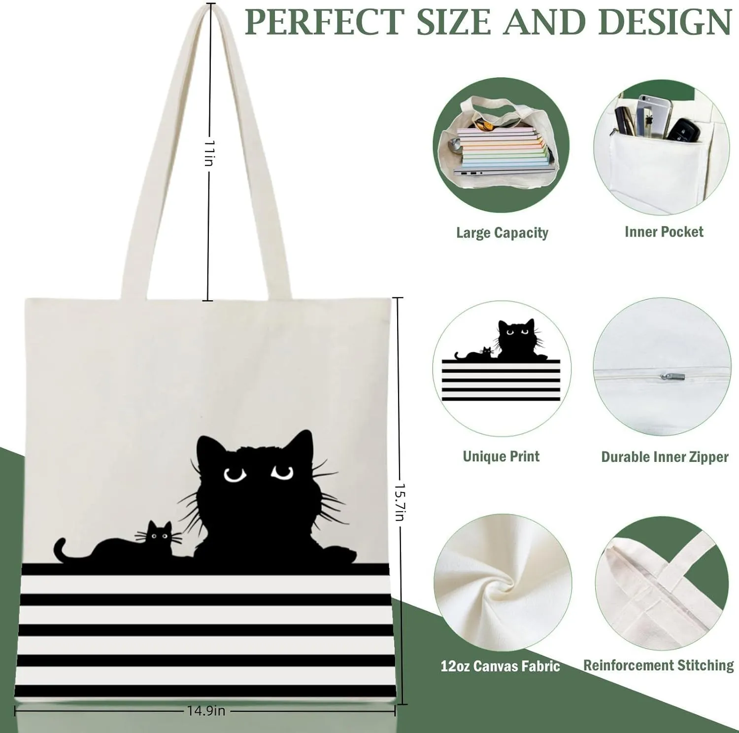 Andeiltech Canvas Tote Bag for Women Aesthetic Cute Cat Shopping Grocery Reusable Bags with Inner Zipper Women Gift