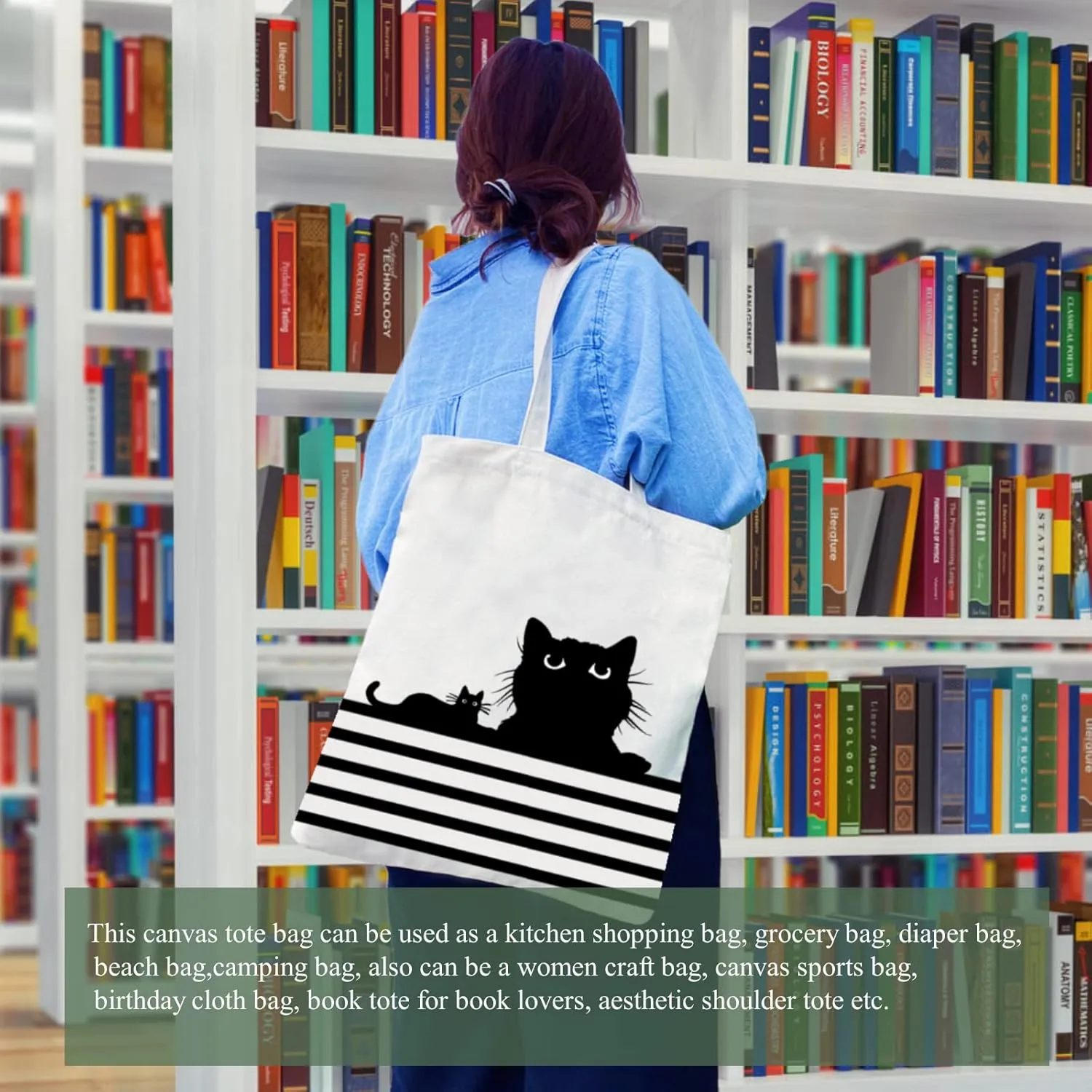Andeiltech Canvas Tote Bag for Women Aesthetic Cute Cat Shopping Grocery Reusable Bags with Inner Zipper Women Gift