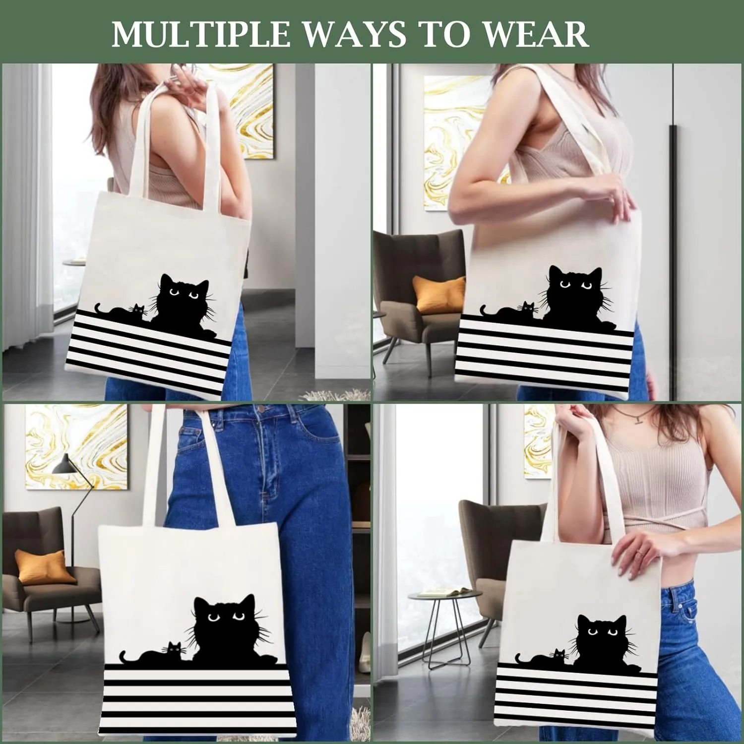 Andeiltech Canvas Tote Bag for Women Aesthetic Cute Cat Shopping Grocery Reusable Bags with Inner Zipper Women Gift
