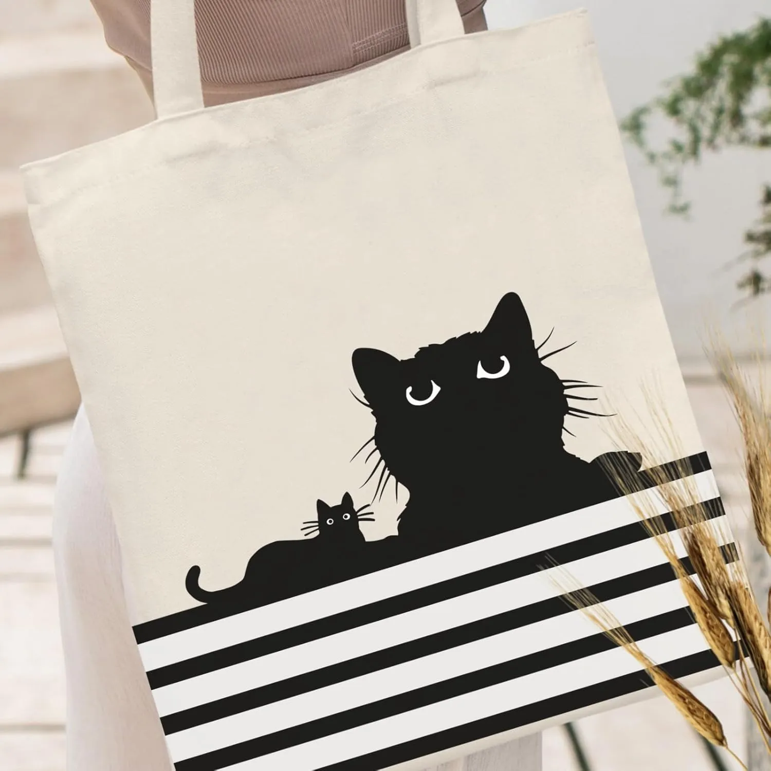 Andeiltech Canvas Tote Bag for Women Aesthetic Cute Cat Shopping Grocery Reusable Bags with Inner Zipper Women Gift
