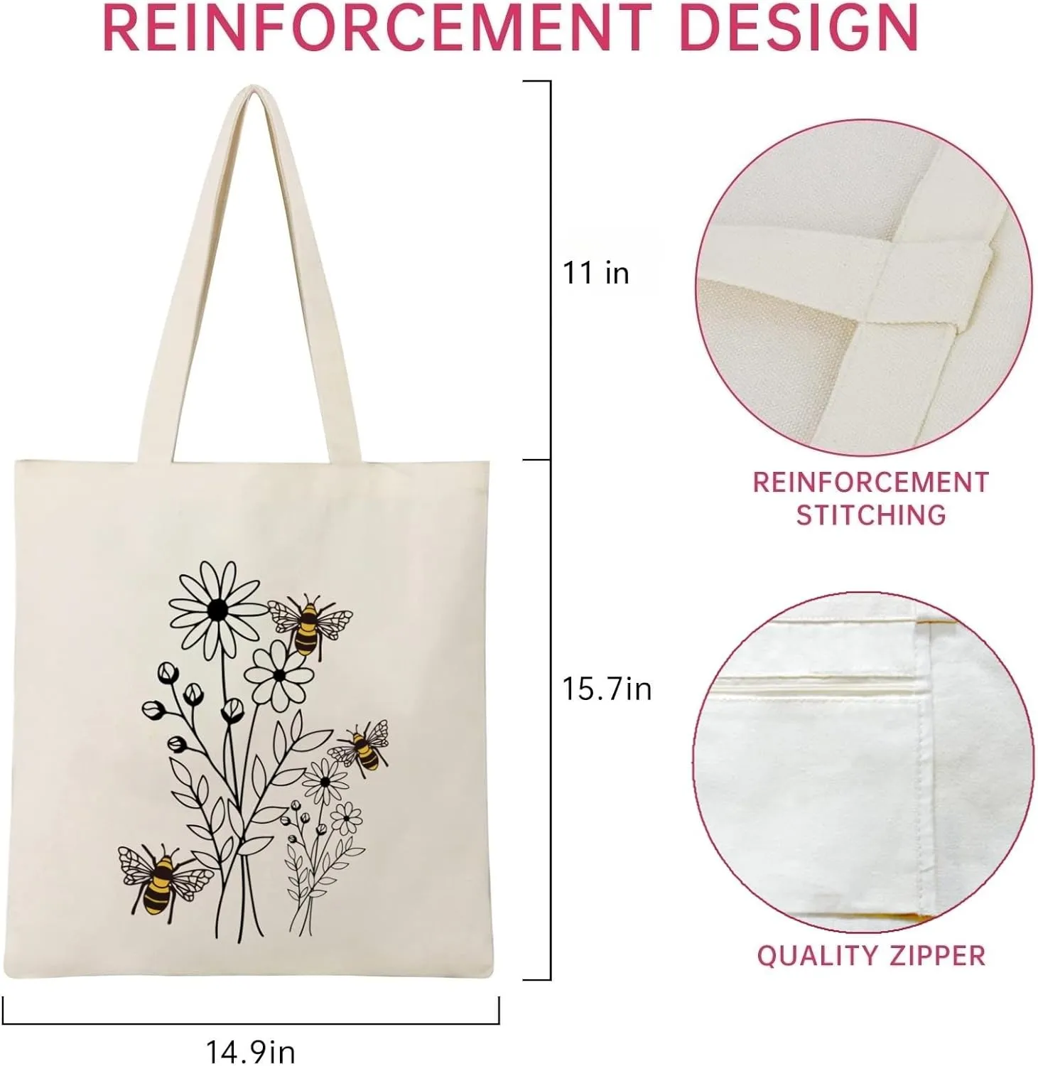 Andeiltech Canvas Tote Bag for Women Aesthetic Cute Cat Shopping Grocery Reusable Bags with Inner Zipper Women Gift