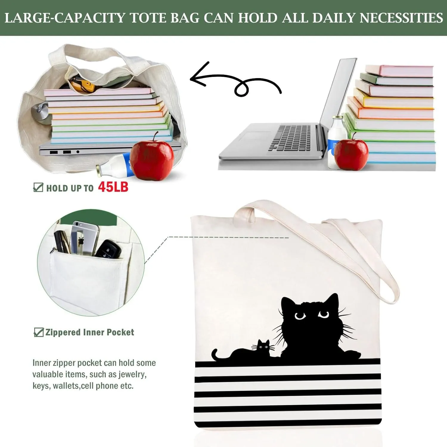 Andeiltech Canvas Tote Bag for Women Aesthetic Cute Cat Shopping Grocery Reusable Bags with Inner Zipper Women Gift