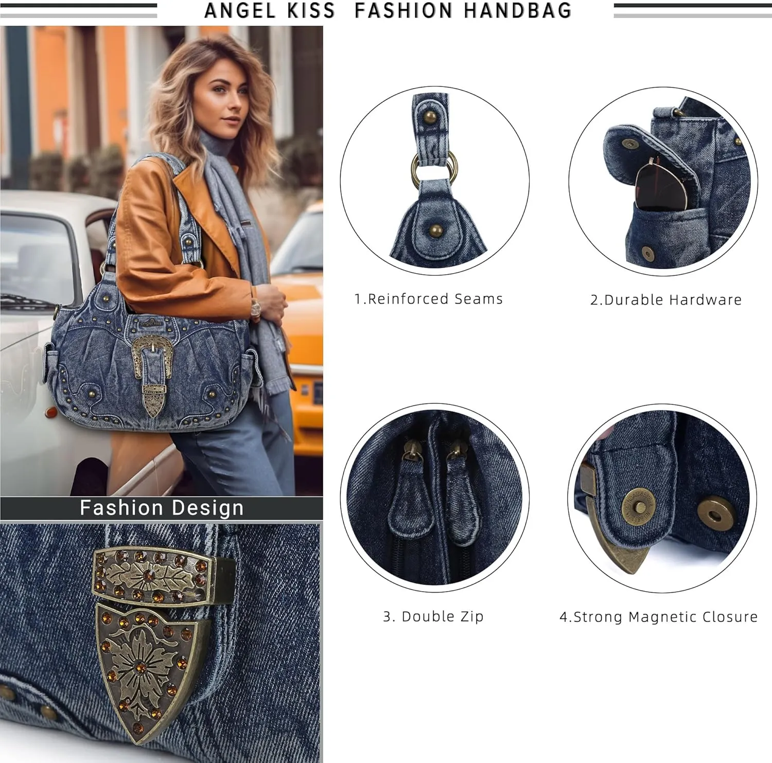 Angel Kiss Hobo Bags for Women Vegan Leather Purses and Handbags Ladies Chic Shoulder Bags Crossbody Purses with Metal Studs